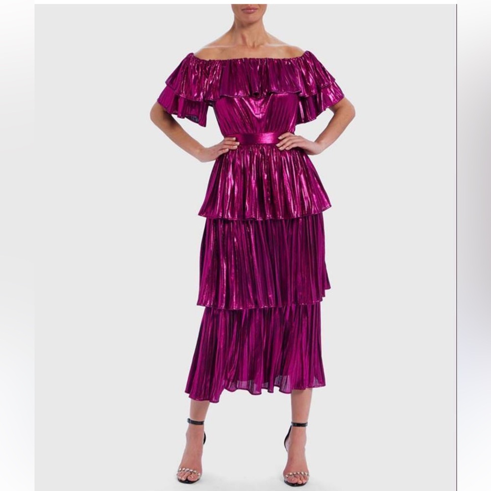 Forever Unique Pink Metallic Bardot Tiered Ruffle Midi Dress.